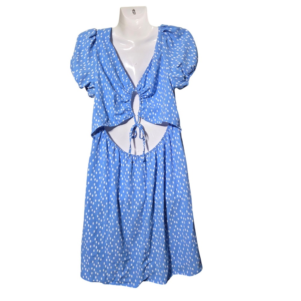 Lily Rose Blue Puff Sleeve Cutout Midi Dress Sz CottageCore Garden Party Flowy - Picture 4 of 7